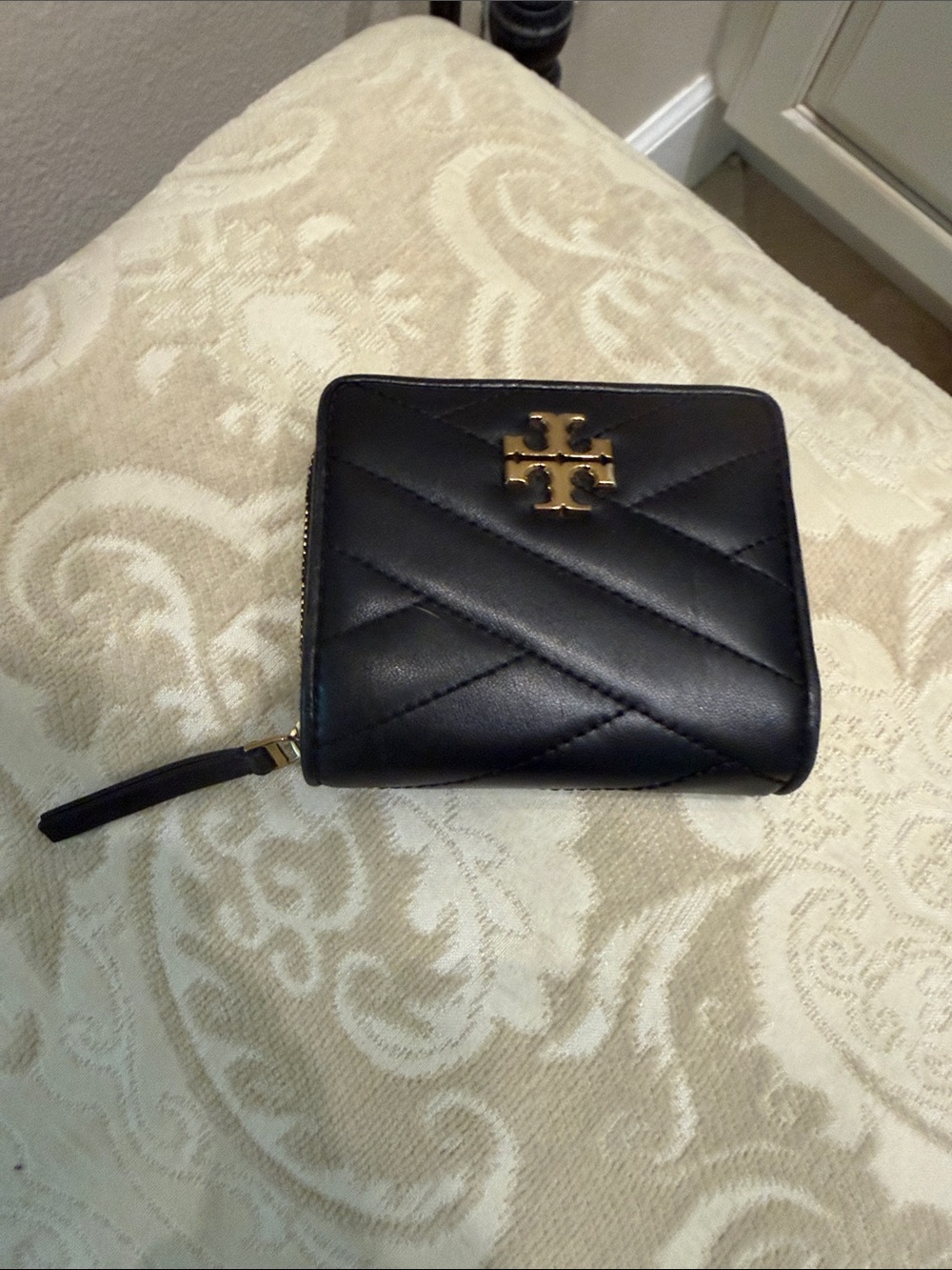 Tory Burch Kira Black Chevron Quilted Leather Bi-fold Wallet Gold Logo